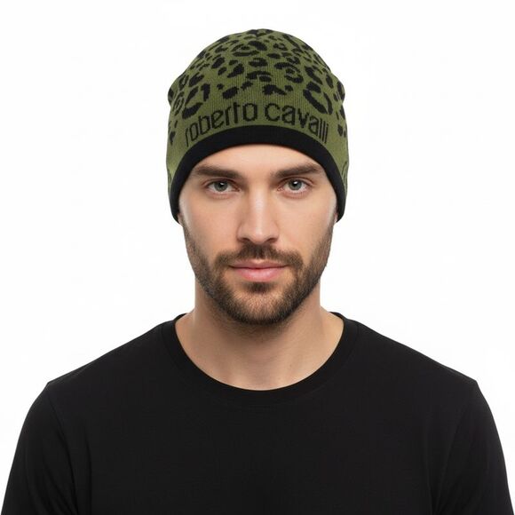 Roberto CavalliESZ031 04000 Black/Military Green Leopard Beanie Hat